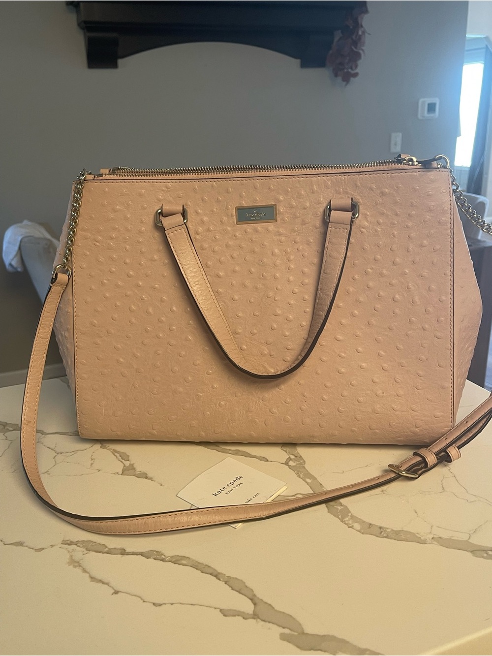 kate spade Blush Pink Ostrich-Embossed Satchel with Chain Trim